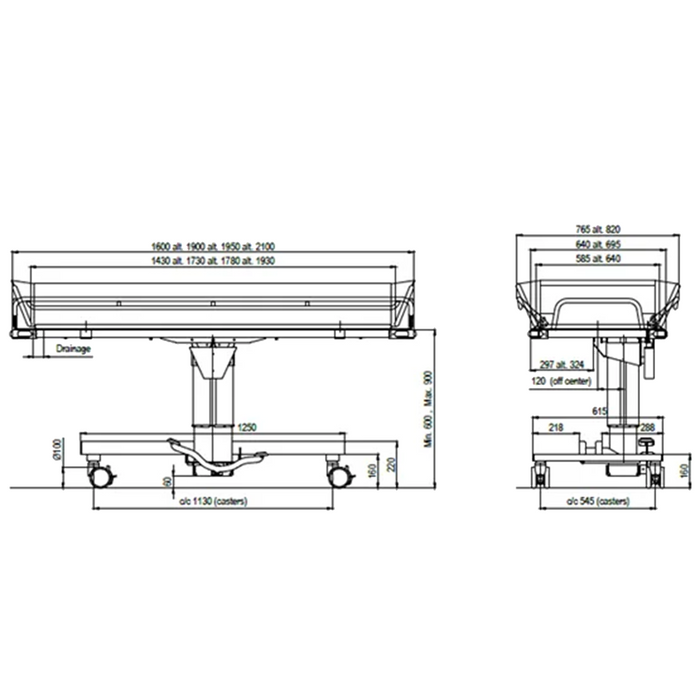 Pediatric TR2000 Mod 21 shower trolley, 1600 x 640 mm