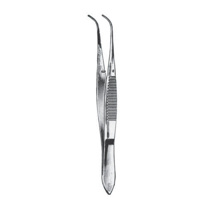 Dressing forceps full curved serrated 4"