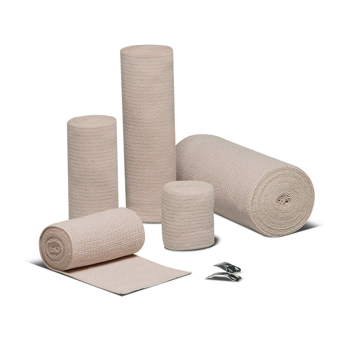 Reinforced elastic bandage with clip closure without latex