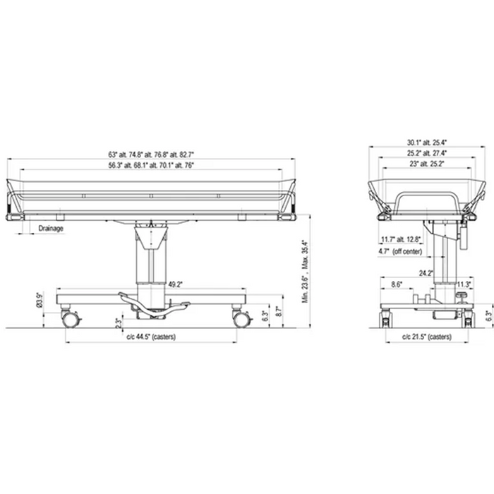 Pediatric TR2000 Mod 21 shower trolley, 1600 x 640 mm