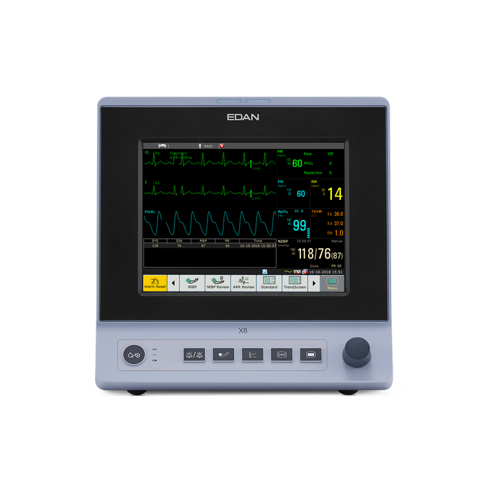 X8 VET Monitor - 8" touch screen, 3 leads ECG, NIBP, SPO2, Resp, PR, skin temp, Edan G2 CO2 with printer